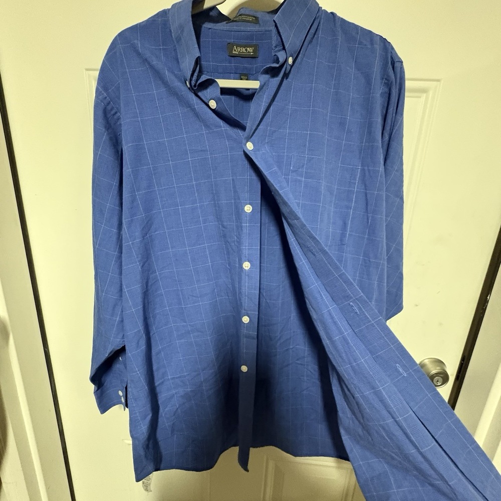 Arrow Button Up Shirt Men's Large Blue White Geometric Non-Iron Large 16-16 1/2